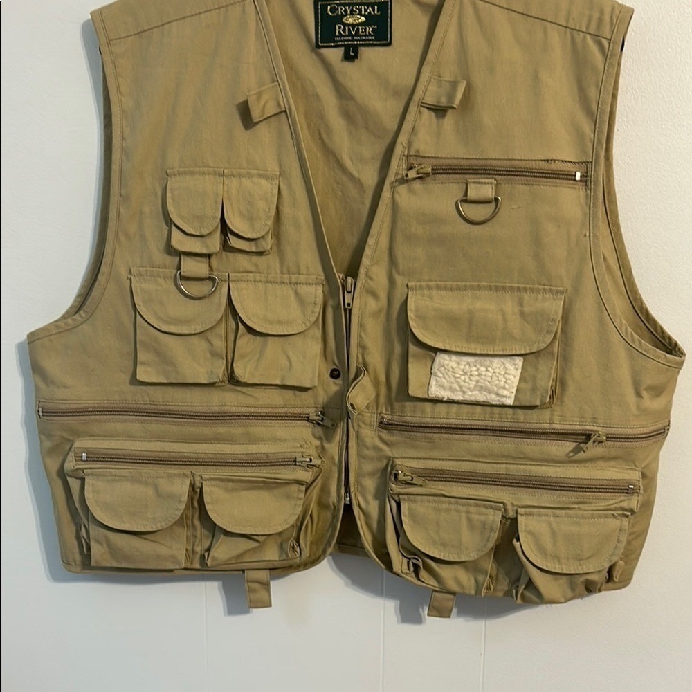Crystal River Mens Large Tan Khaki Multi Pocket Fly Fishing Utility Vest Gorpcor